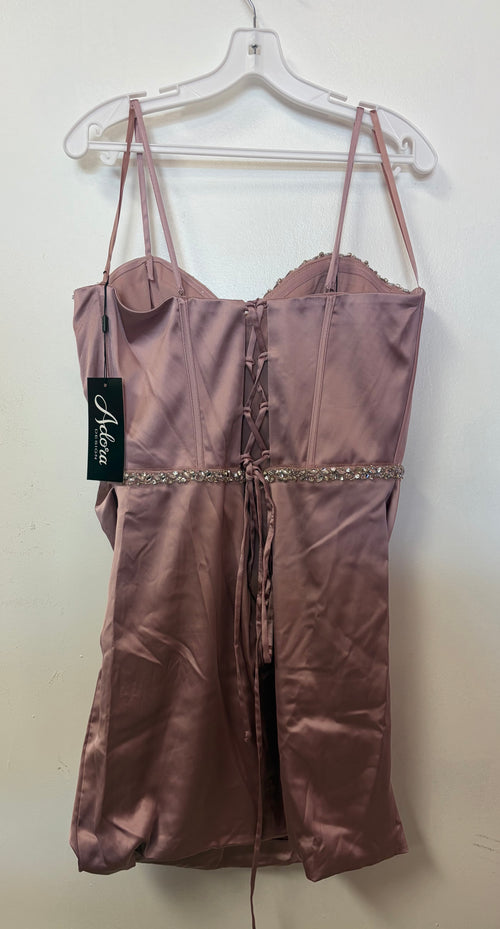 Adora 1074 Rose Pink Satin Corset Homecoming Dress with Crystal Trim and Draped Skirt