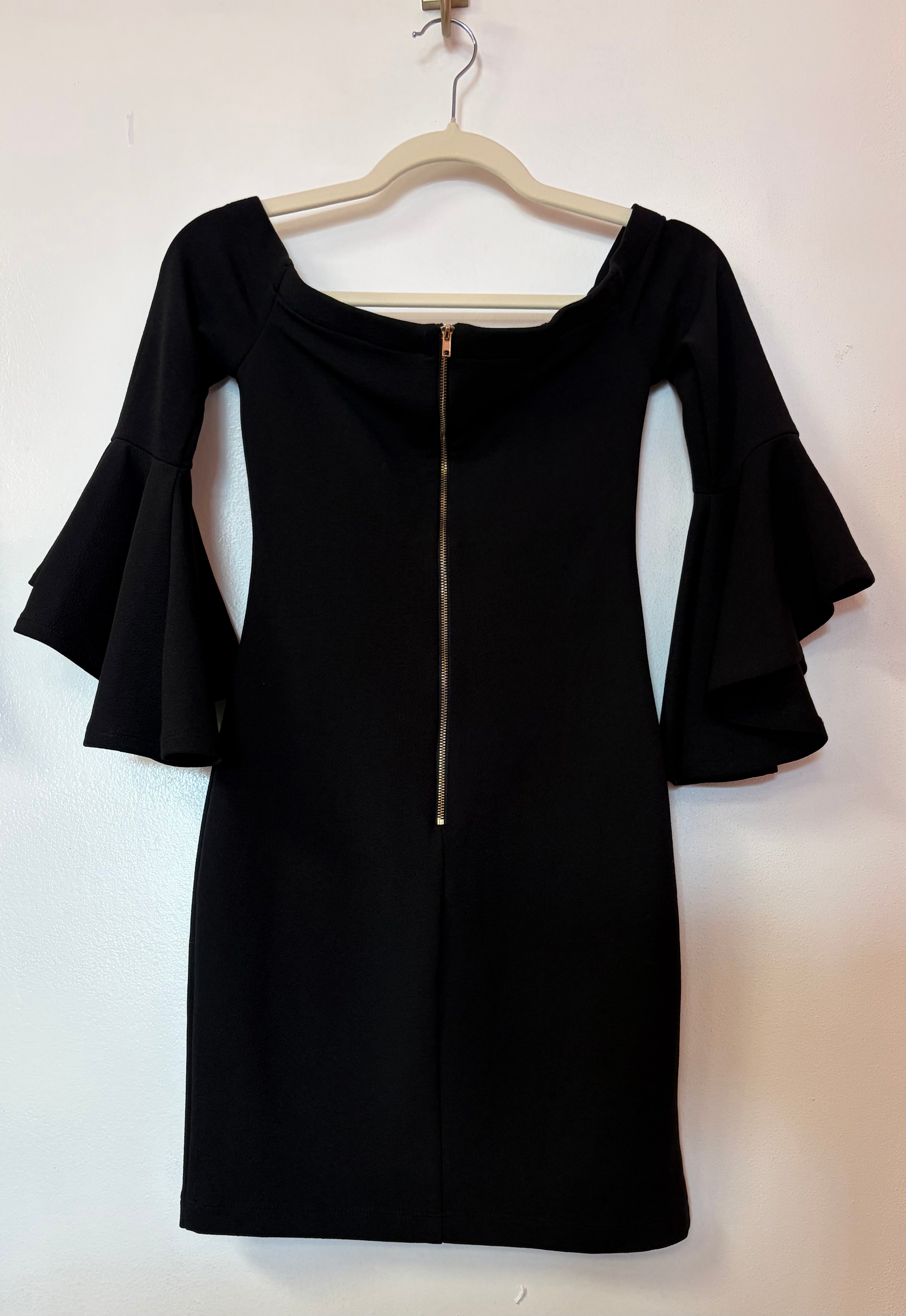 Black Off-the-Shoulder Mini Dress with Tiered Bell Sleeves