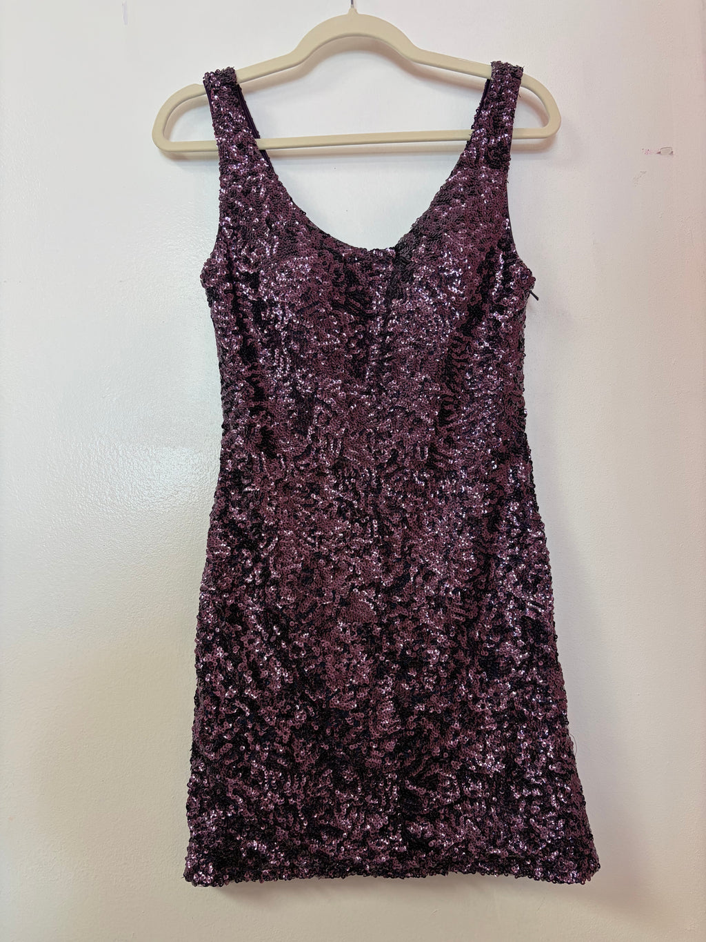 La Femme Plum Sequin Cocktail Dress with Scoop Neckline and Allover Embellishment