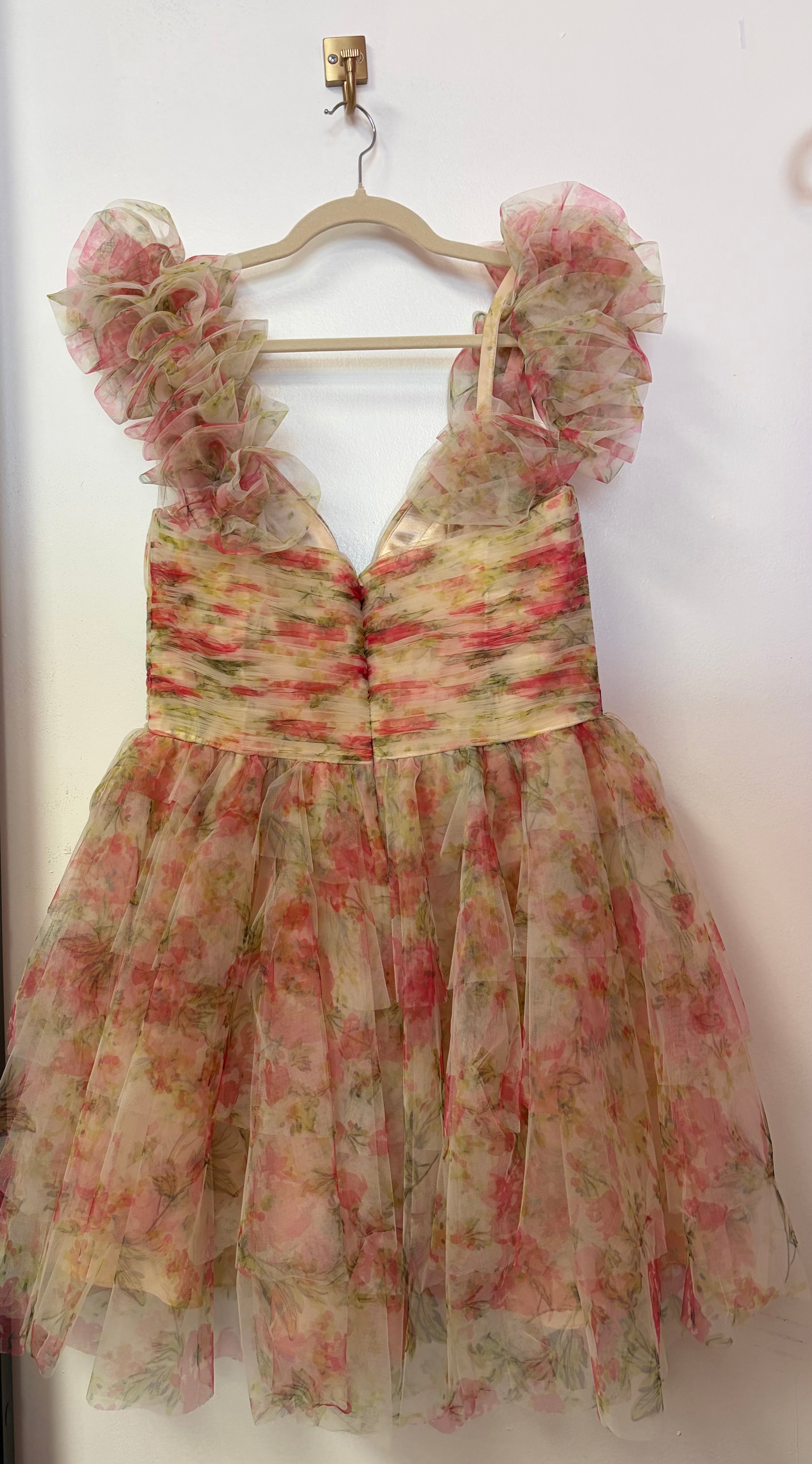 Jovani 40505 Pink Watercolor Floral Homecoming Dress with Removable Ruffle Sleeves and Layered Skirt