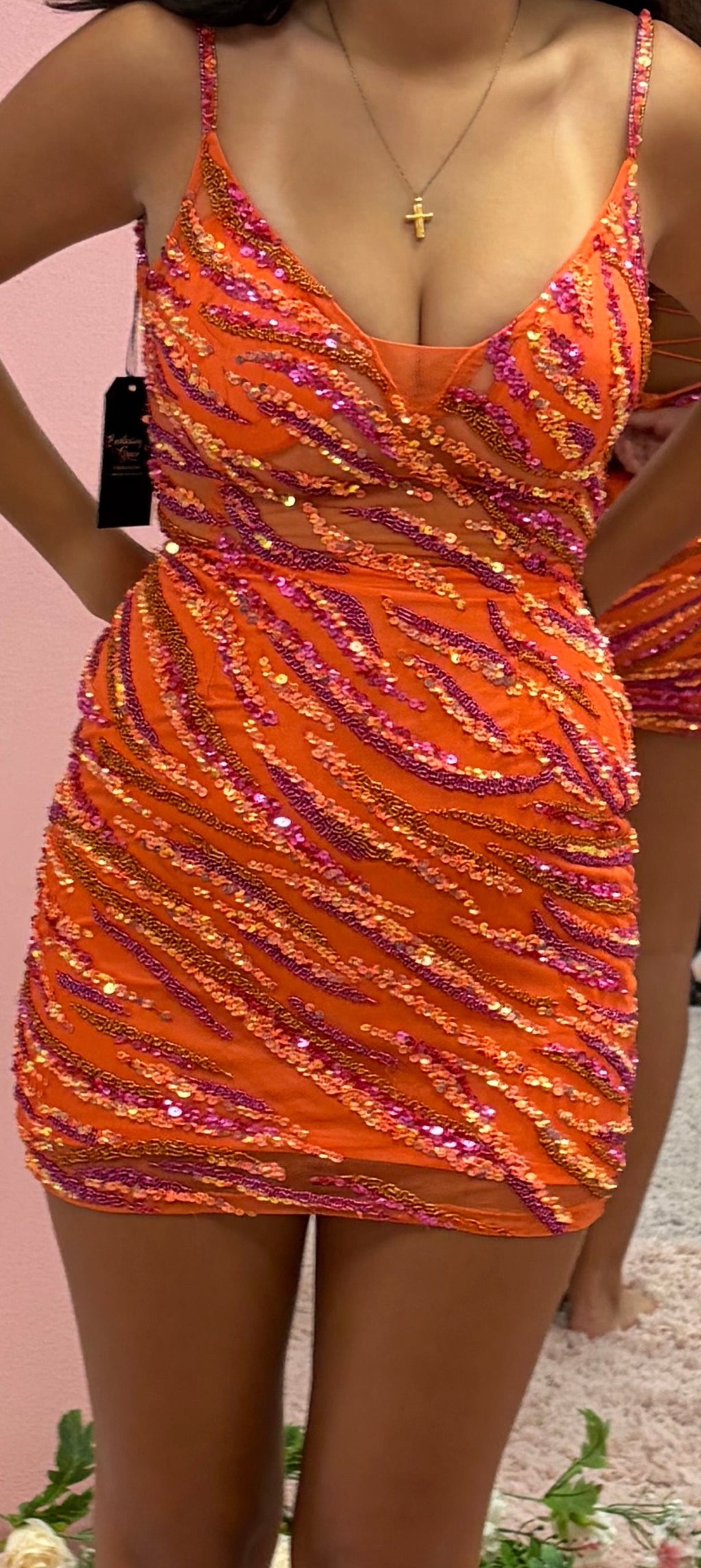 Rachel Allan 30051 Orange Sequin Homecoming Dress with Beaded Tiger Stripe Design and Lace-Up Back