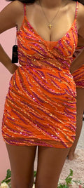 Rachel Allan 30051 Orange Sequin Homecoming Dress with Beaded Tiger Stripe Design and Lace-Up Back