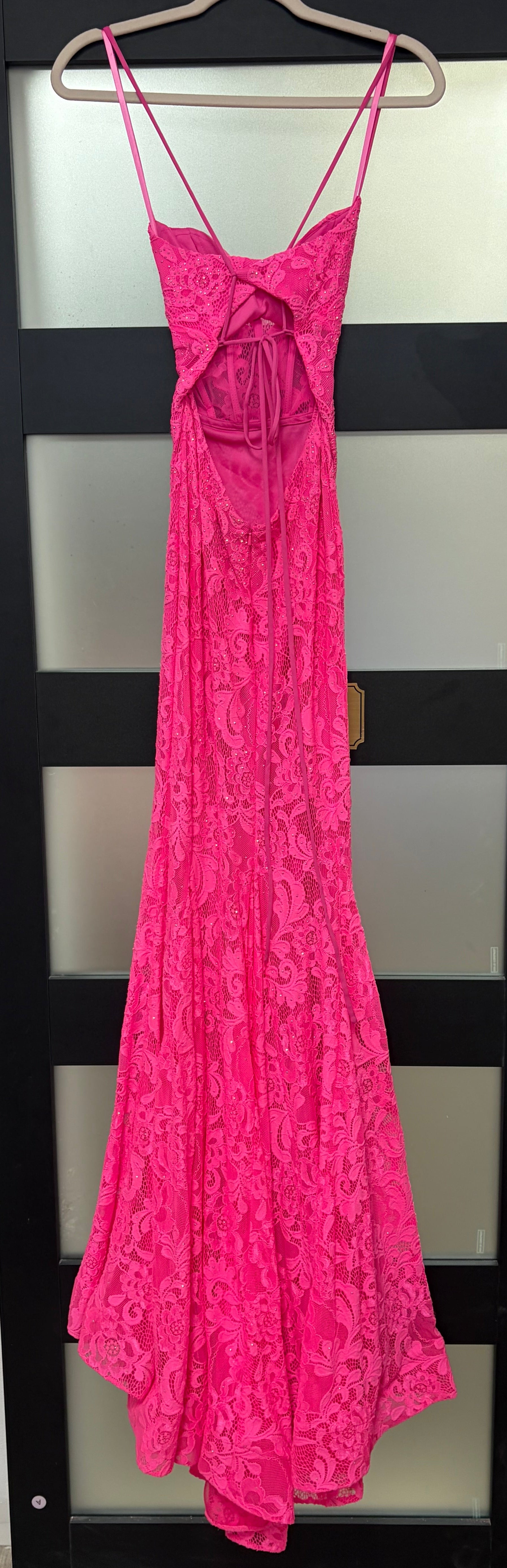 La Femme 30171 Hot Pink Lace Mermaid Gown with Open Back