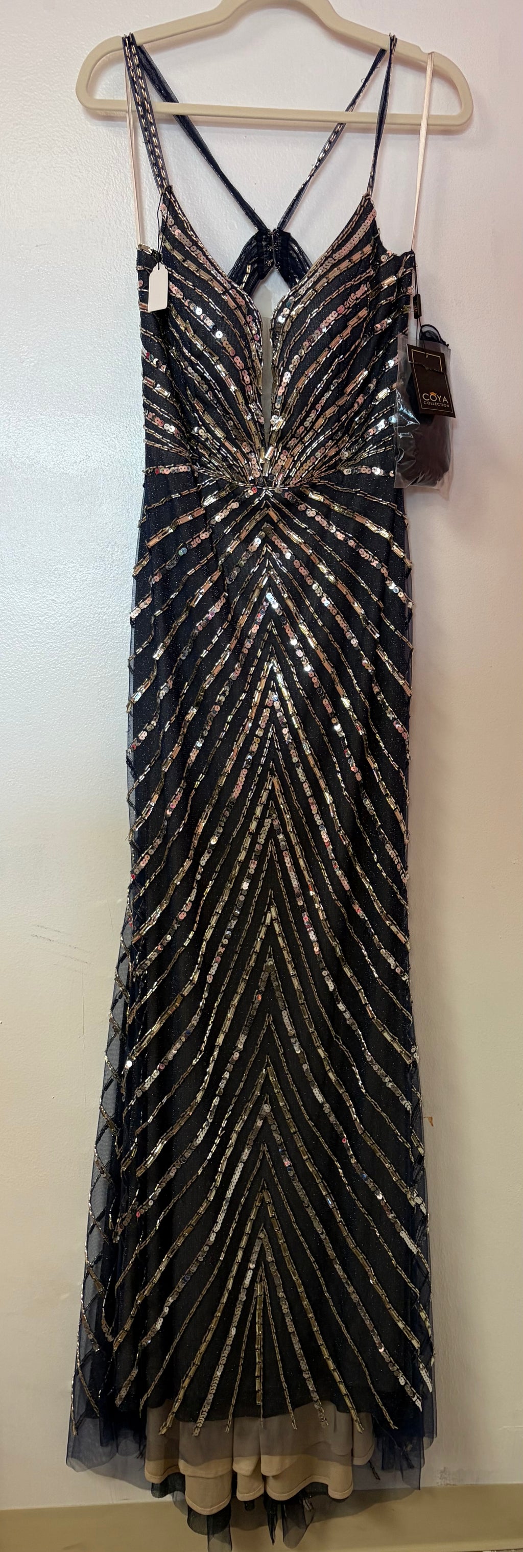 Coya Collection Black and Gold Sequin Evening Gown with Geometric Beading and Open Back