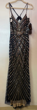 Coya Collection Black and Gold Sequin Evening Gown with Geometric Beading and Open Back