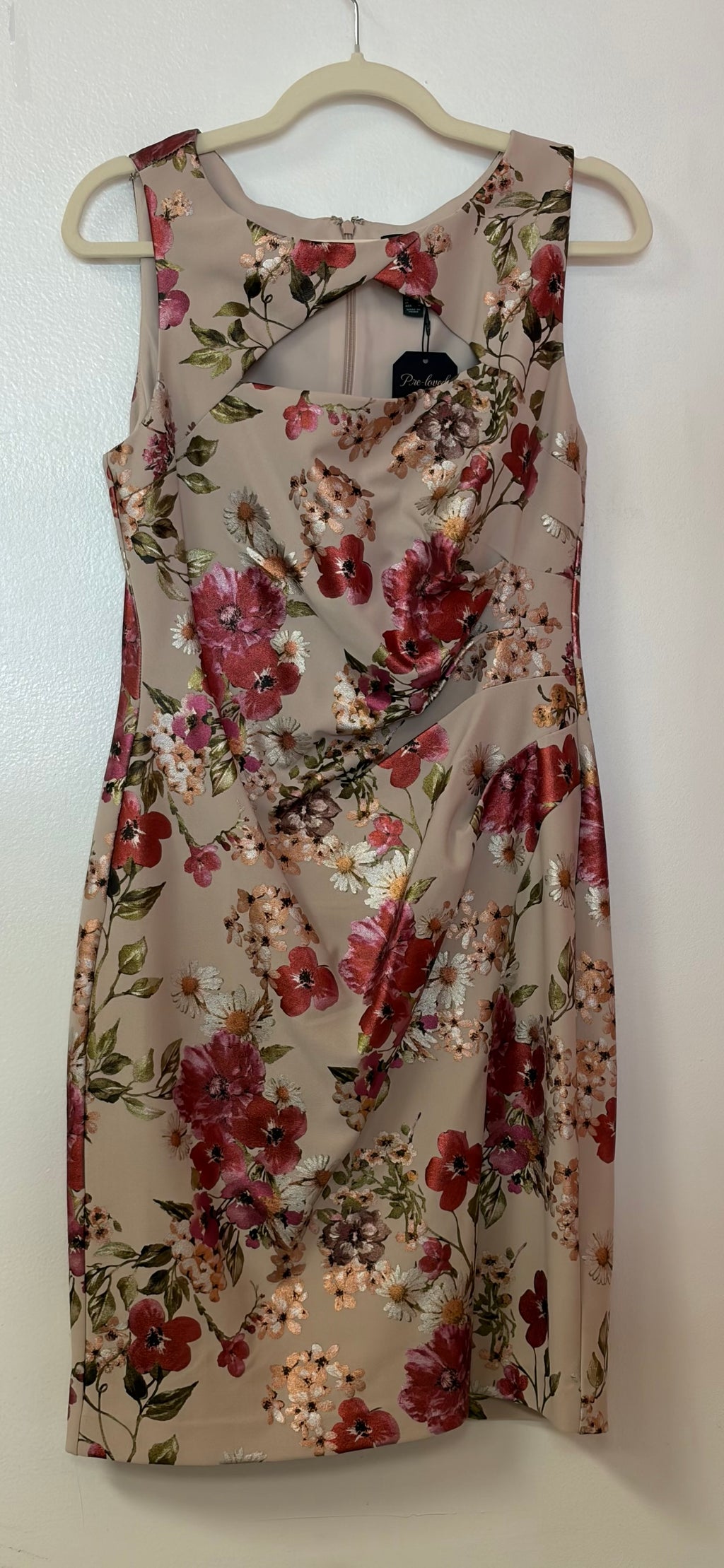 Adrianna Papell Blush Floral Sheath Dress with Metallic Floral Print and Asymmetrical Neckline