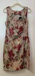Adrianna Papell Blush Floral Sheath Dress with Metallic Floral Print and Asymmetrical Neckline