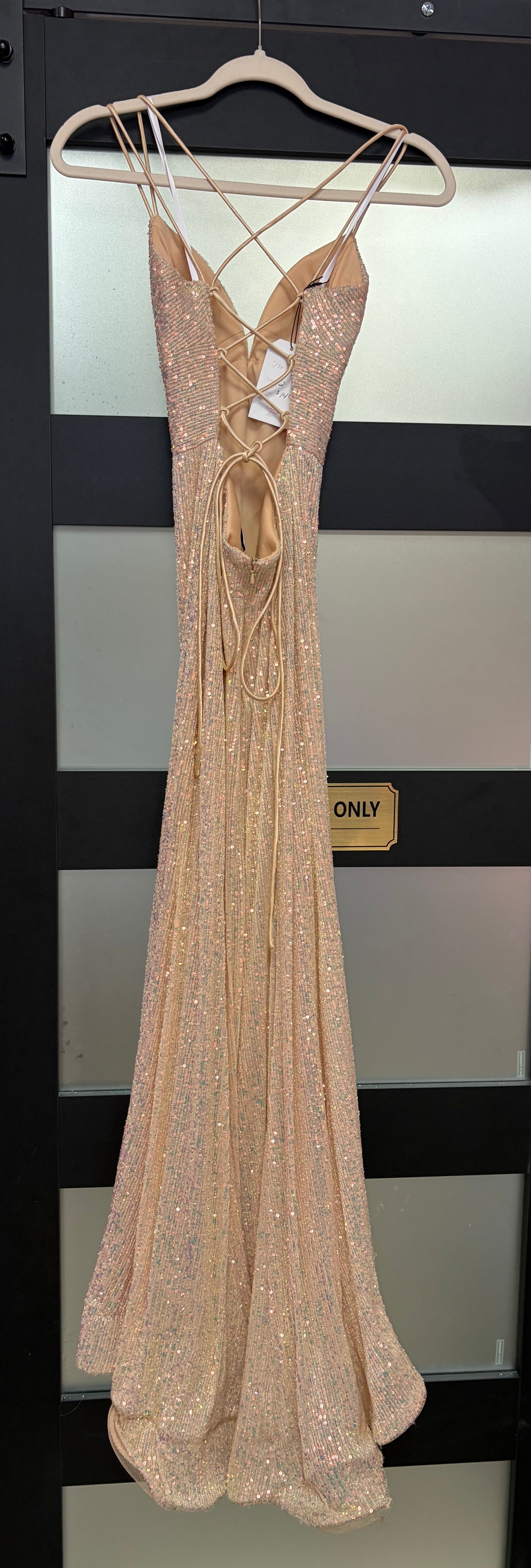 Sherri Hill Champagne Sequin Lace-Up Mermaid Gown with High Slit