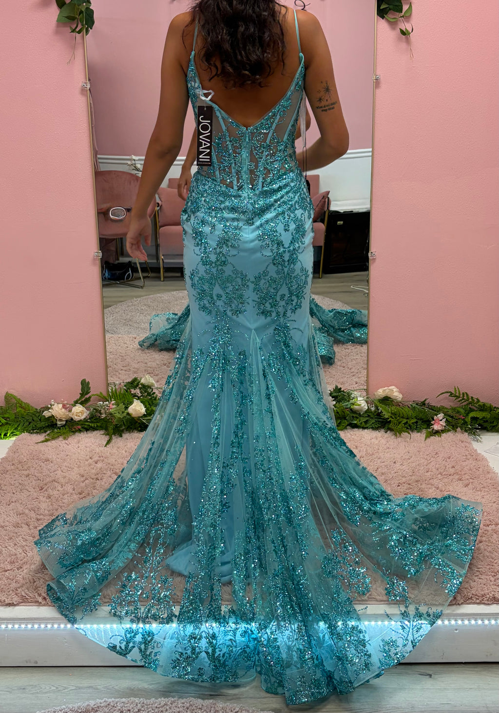 Jovani 3675 Aqua Beaded Mermaid Prom Dress with Sheer Corset Bodice