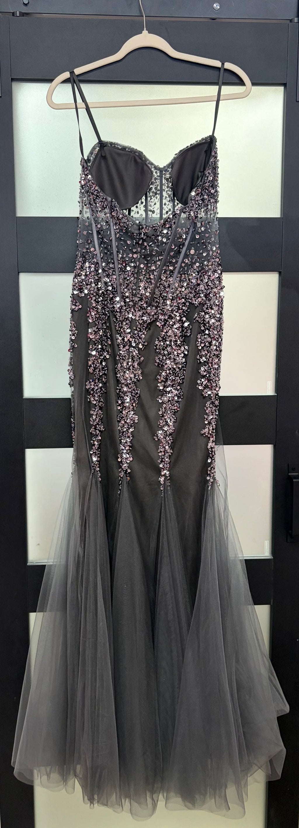 Jovani 5908 Charcoal Embellished Corset Mermaid Gown with Tulle Godets