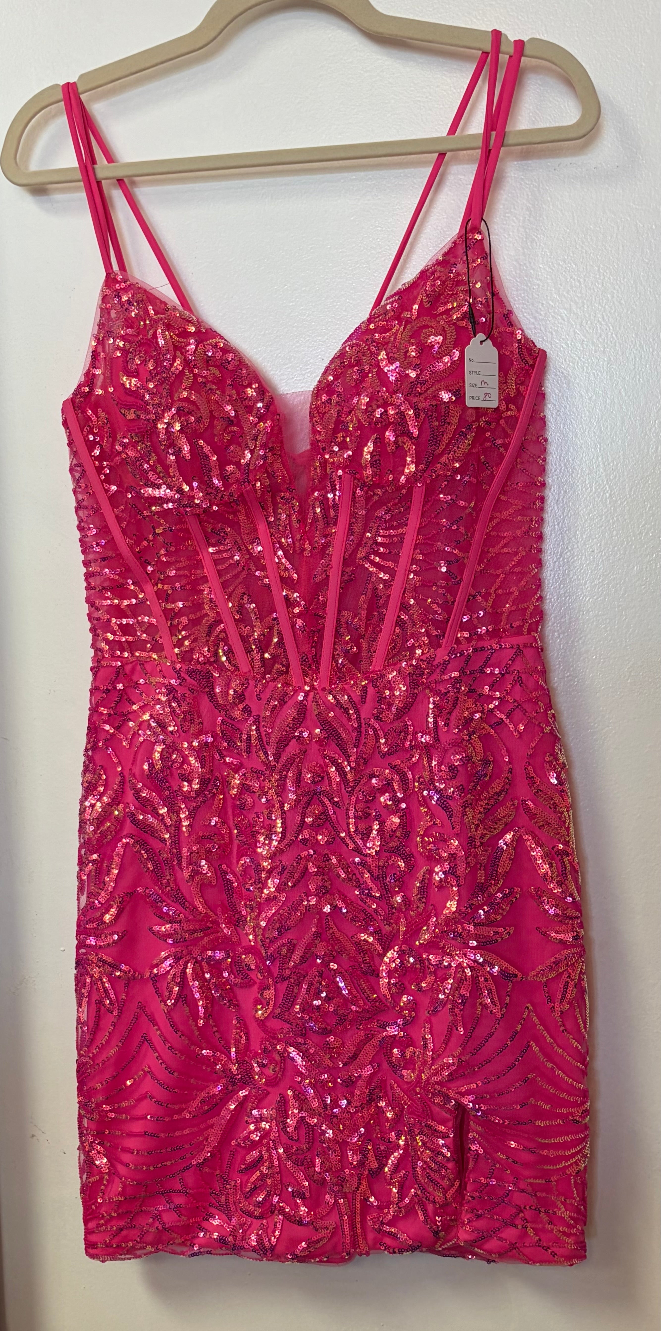 Stacees Hot Pink Sequin Corset Homecoming Dress Lace Up Back Cocktail Mini