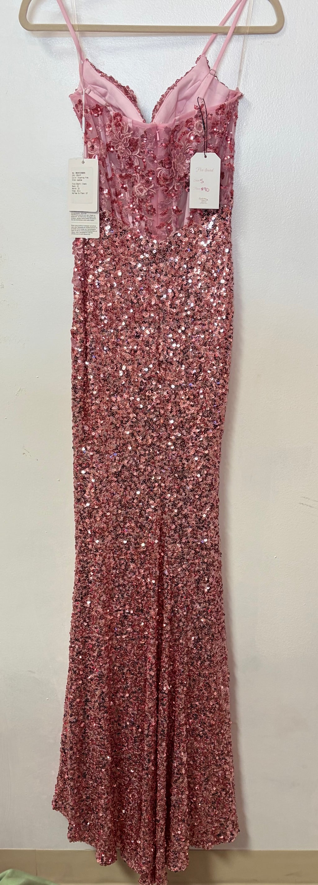 Stacees Rose Pink Sequin Mermaid Prom Dress with Floral Appliqué Corset Bodice and Slit