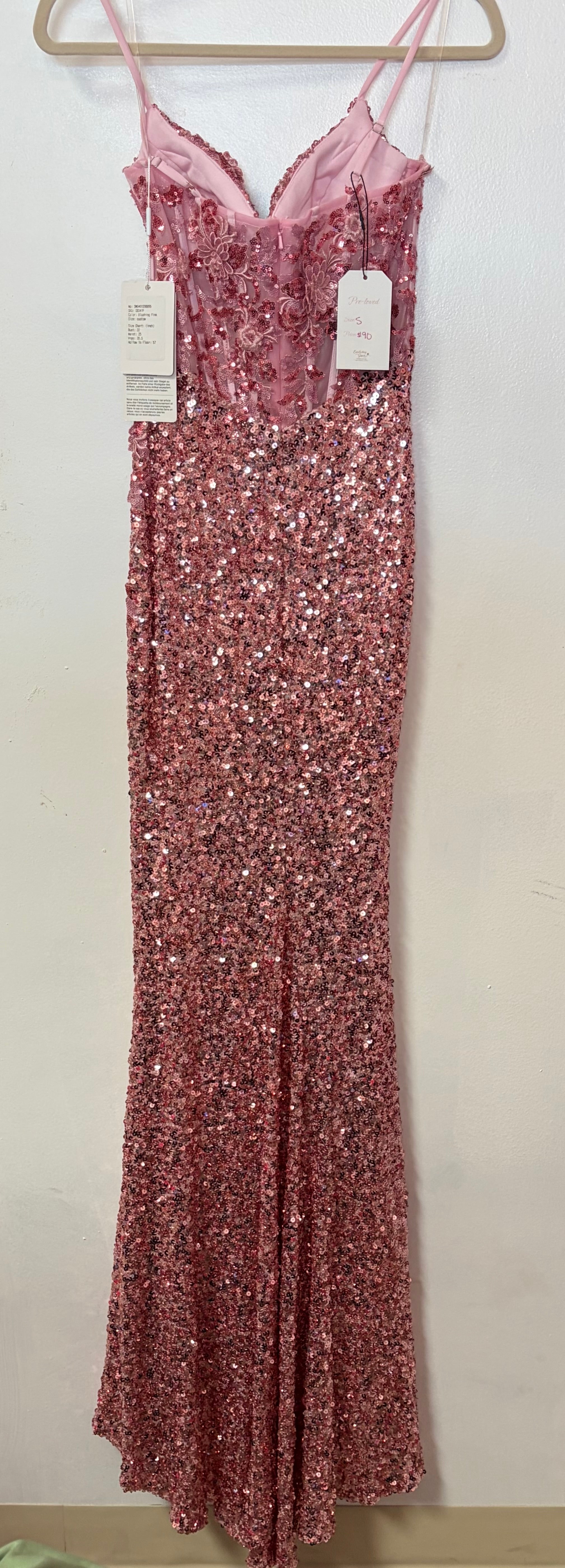 Stacees Rose Pink Sequin Mermaid Prom Dress with Floral Appliqué Corset Bodice and Slit
