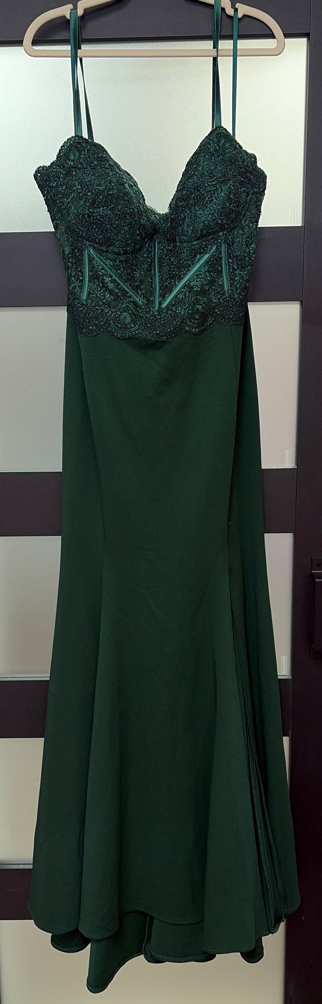 Cinderella Divine CF266 Emerald Green Satin Prom Gown with Lace Corset Bodice and Side Slit