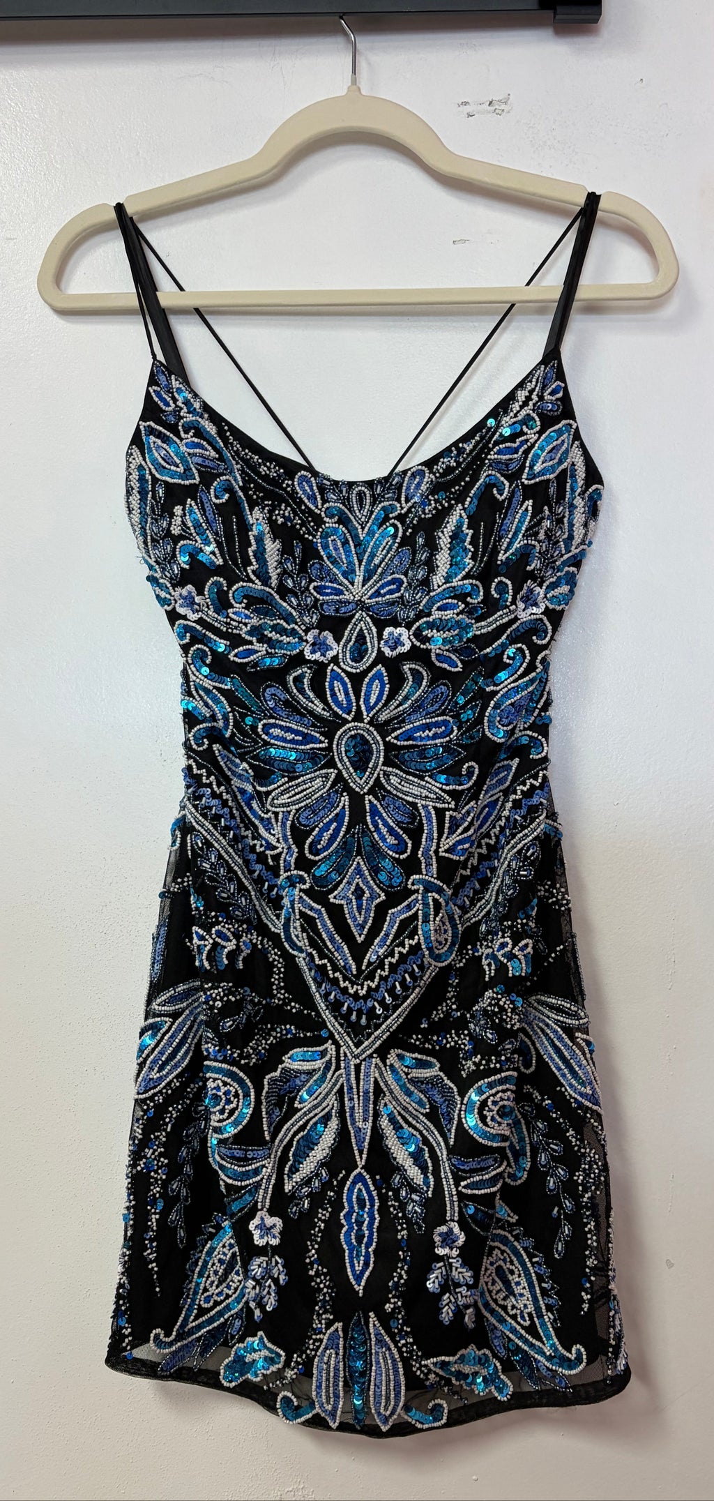 Primavera Couture 4442 Black, Blue & Silver Beaded Lace-Up Cocktail Dress
