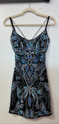 Primavera Couture 4442 Black, Blue & Silver Beaded Lace-Up Cocktail Dress