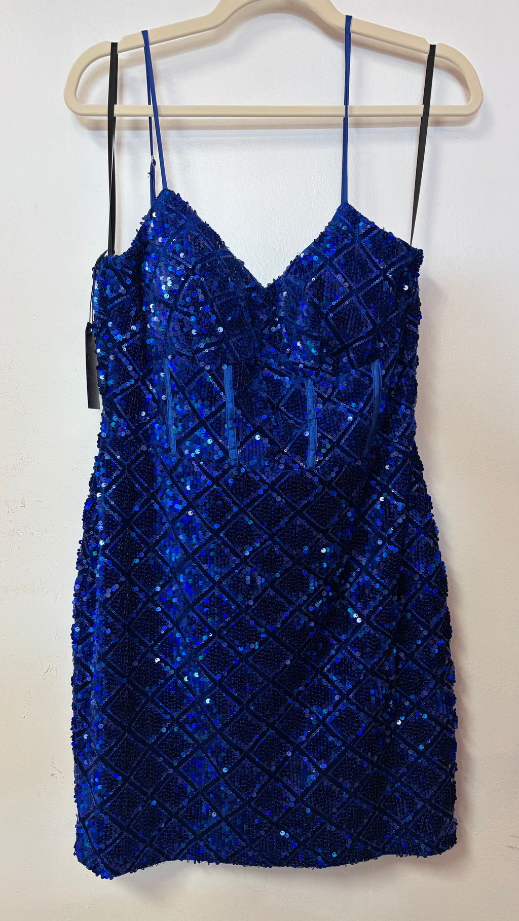 Royal Blue Sequin Corset Homecoming Dress with Geometric Glitter Pattern