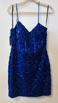 Royal Blue Sequin Corset Homecoming Dress with Geometric Glitter Pattern
