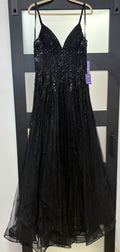 LaDivine CD994 Black Glitter Tulle A-Line Formal Gown with Floral Appliqué