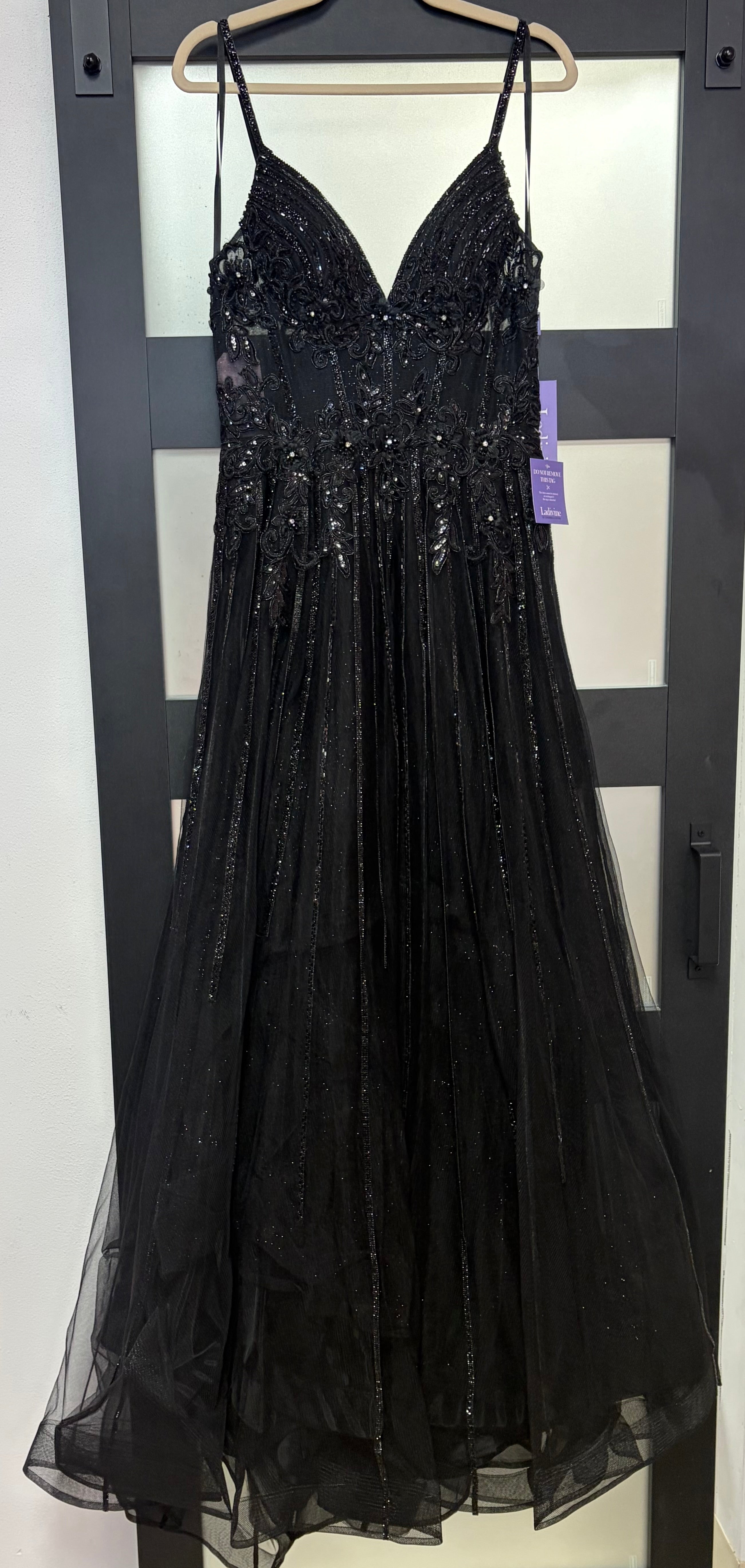 LaDivine CD994 Black Glitter Tulle A-Line Formal Gown with Floral Appliqué