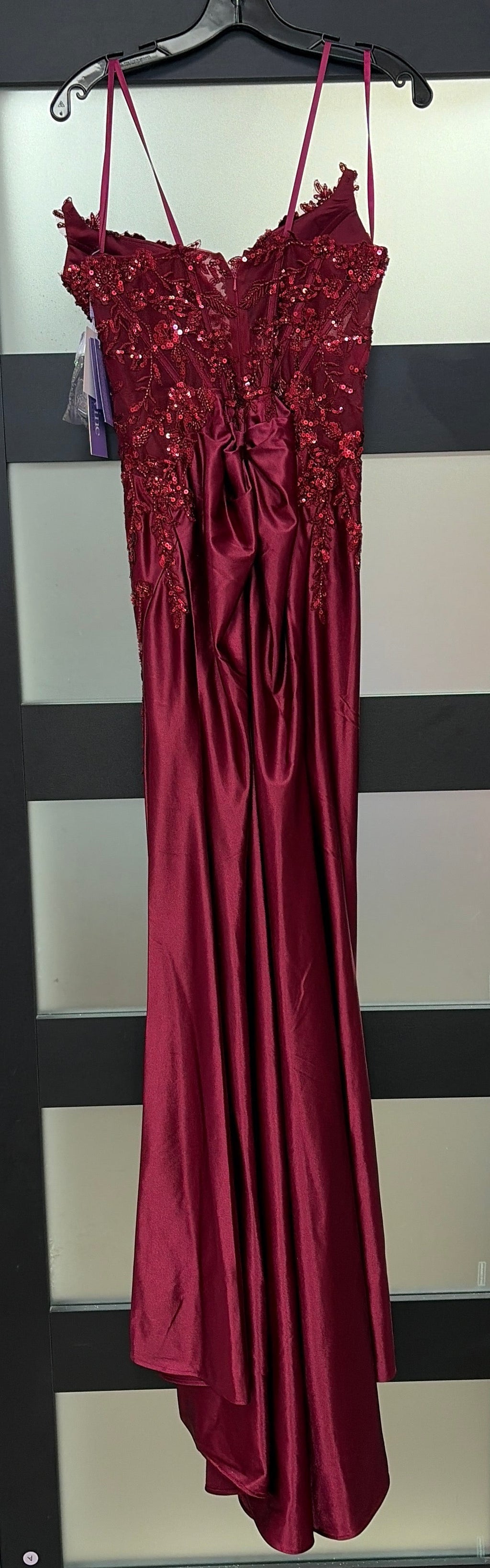 LaDivine KV1112 Burgundy Satin Prom Gown with Lace Appliqué Corset Bodice and High Slit