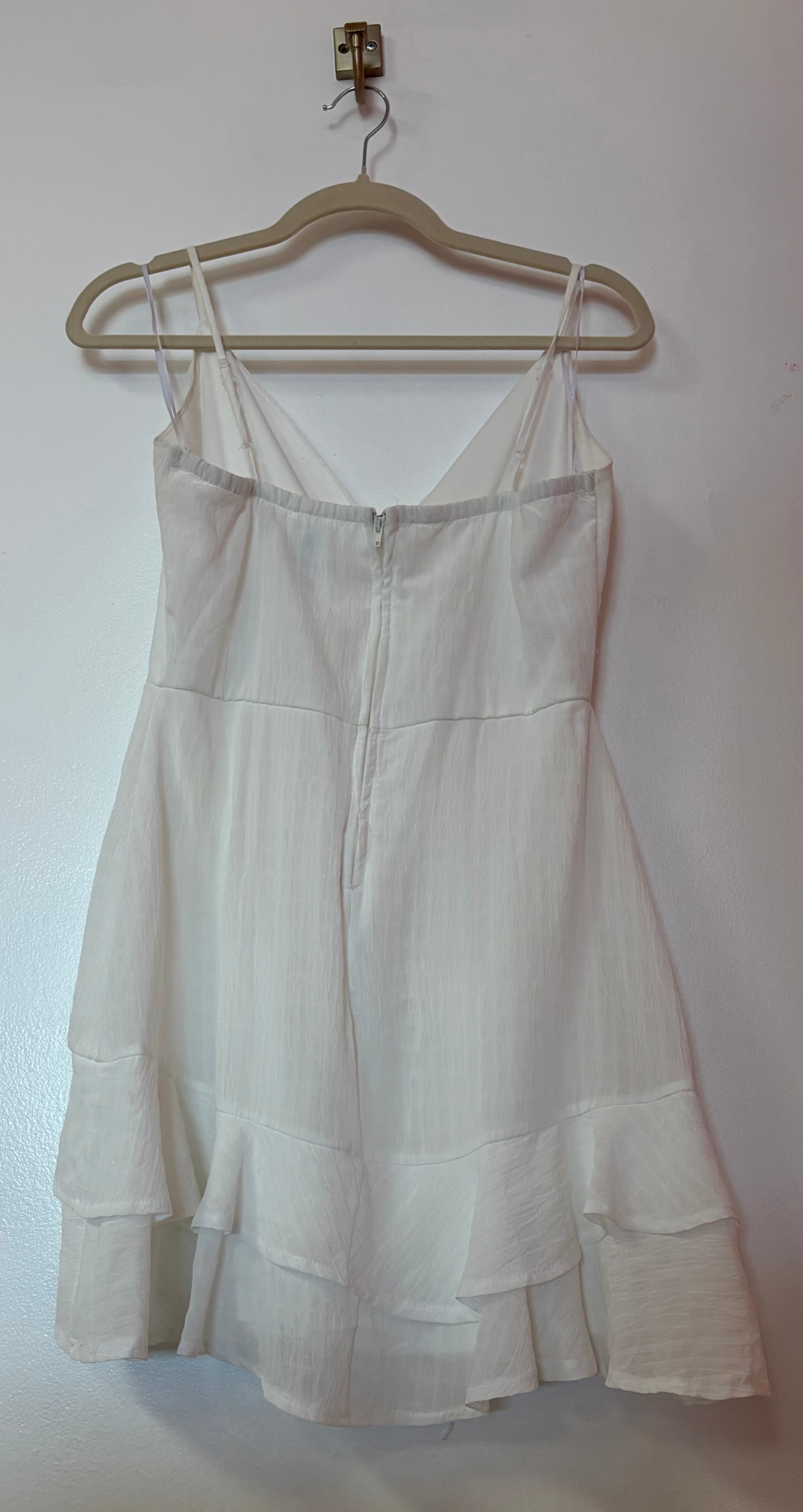 Ivory Satin Wrap Mini Dress with Asymmetrical Ruffle Hem and Spaghetti Straps