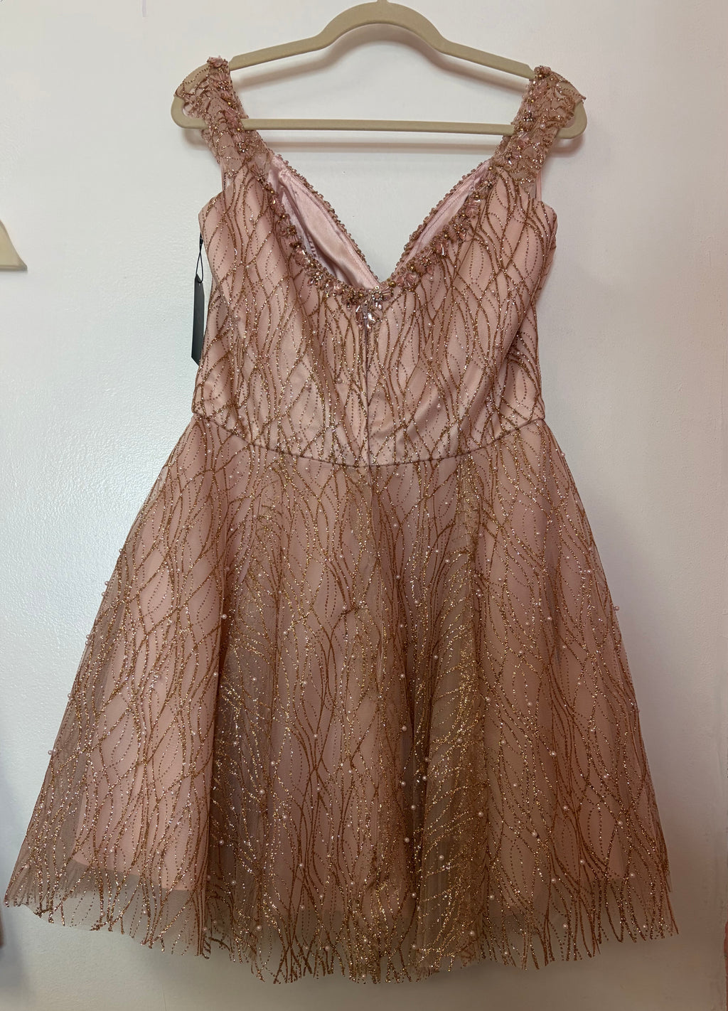 Morilee by Madeline Gardner 9510 Blush Gold Glitter A-Line Homecoming Dress with Pearl Beading