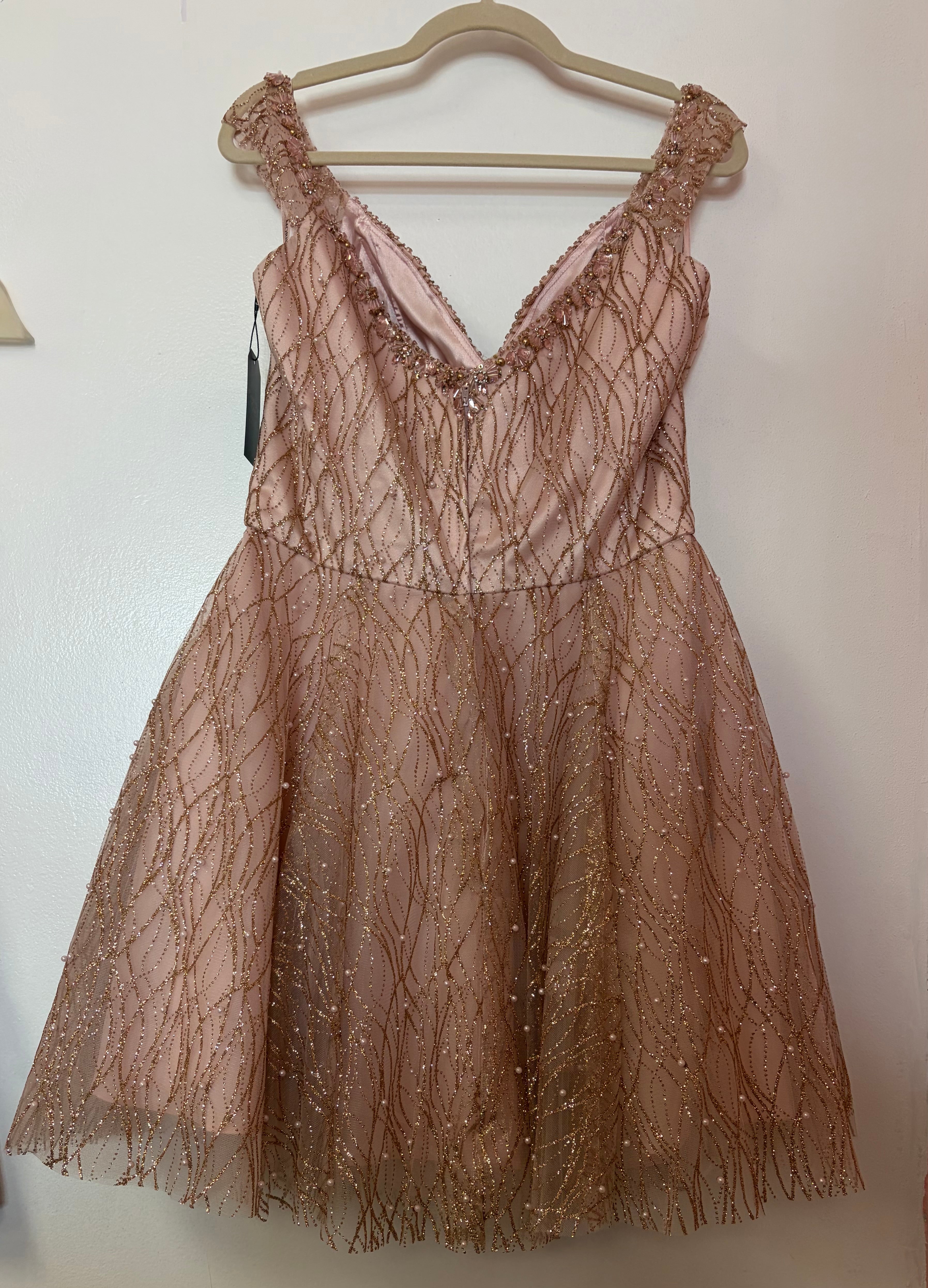 Morilee by Madeline Gardner 9510 Blush Gold Glitter A-Line Homecoming Dress with Pearl Beading