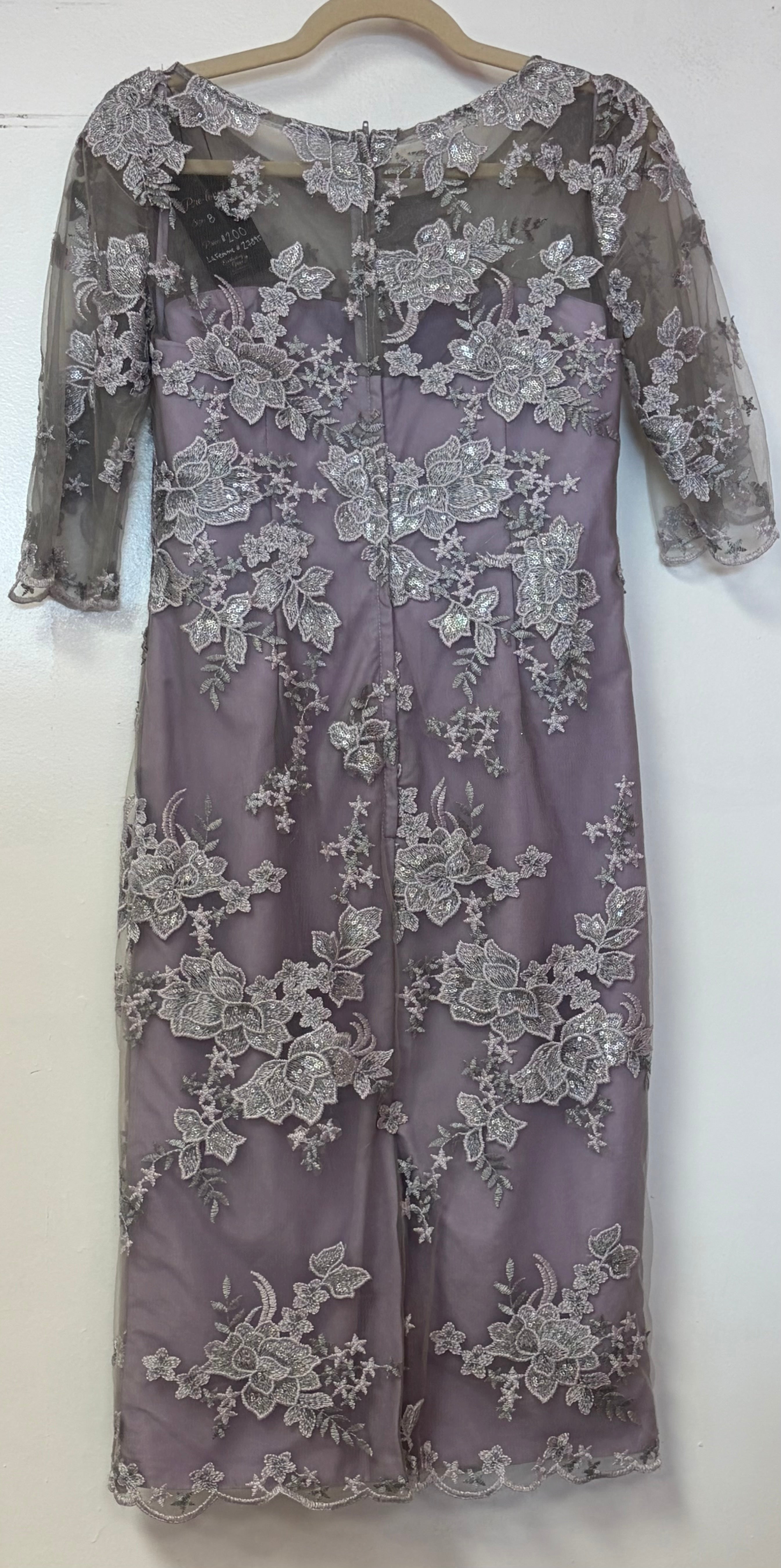 La Femme 27895 Dusty Lavender Embroidered Lace Cocktail Dress with Illusion Sleeves