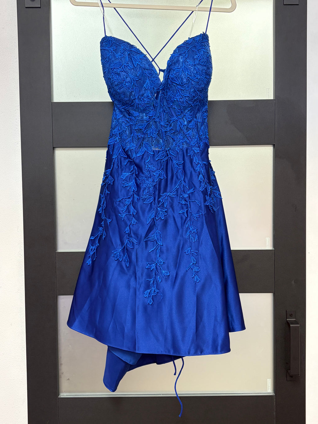 Stacees Royal Blue Satin Homecoming Dress with Floral Lace Appliqué Corset Bodice