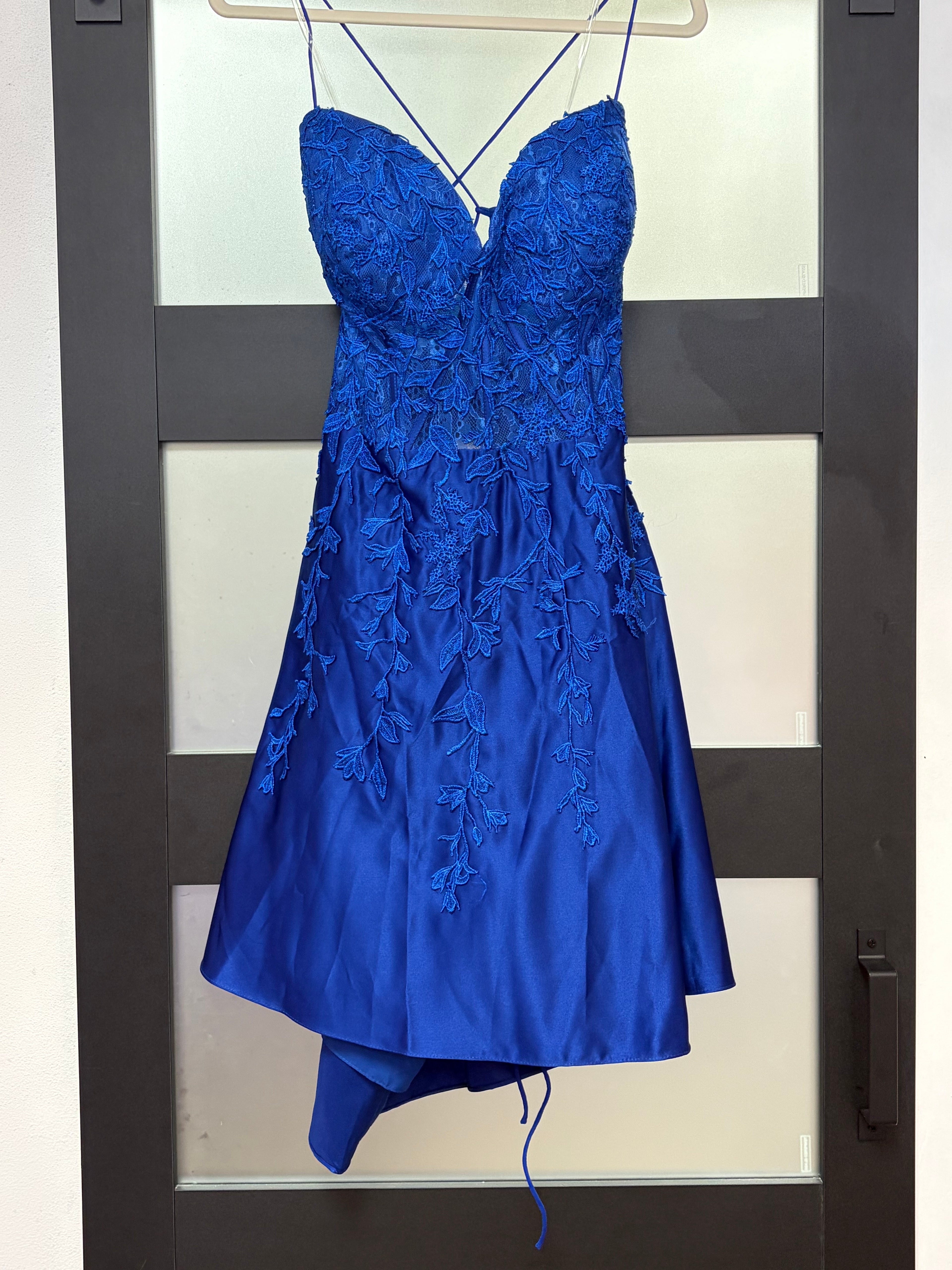 Stacees Royal Blue Satin Homecoming Dress with Floral Lace Appliqué Corset Bodice