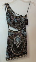 Rachel Allan Black Multi Beaded One-Shoulder Cutout Cocktail Dress