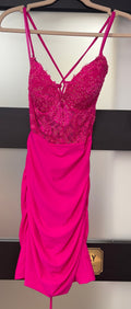 La Femme 32617 Hot Pink Rhinestone Lace Corset Ruched Homecoming Dress
