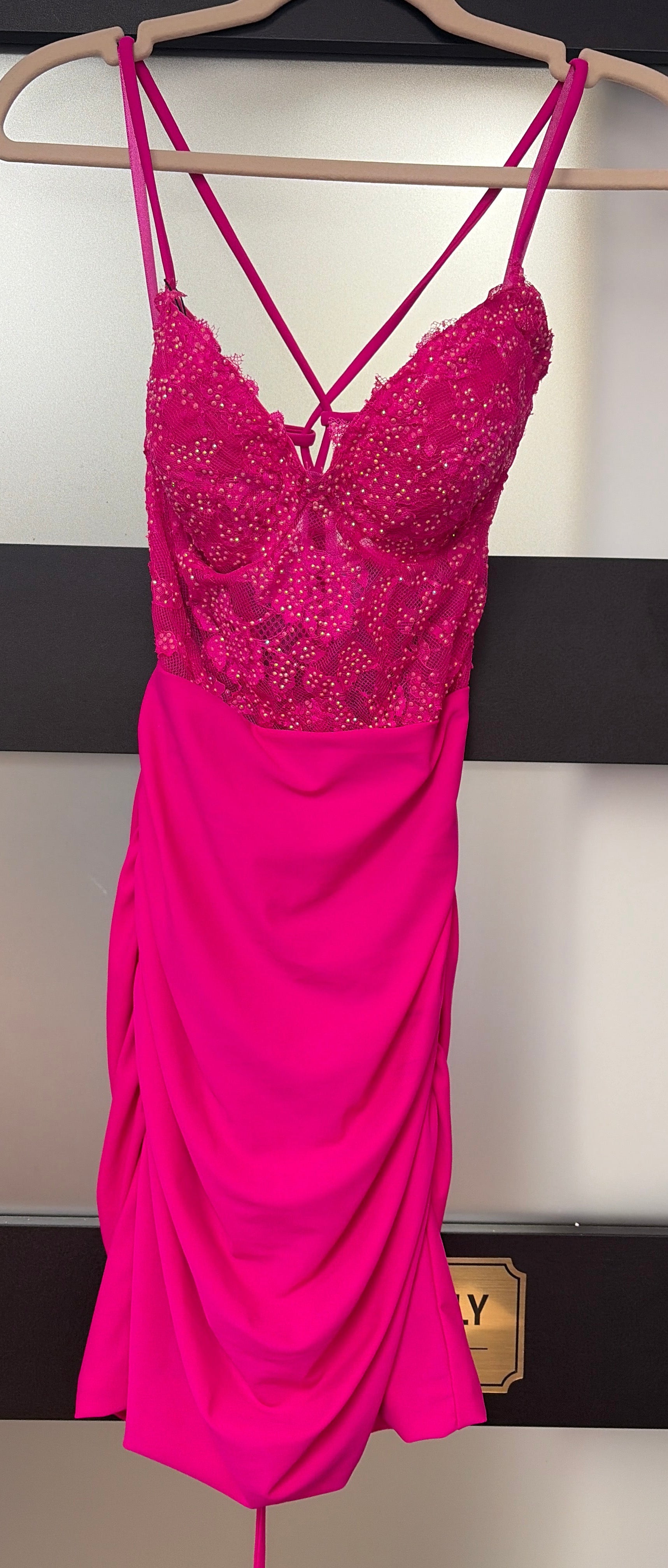 La Femme 32617 Hot Pink Rhinestone Lace Corset Ruched Homecoming Dress