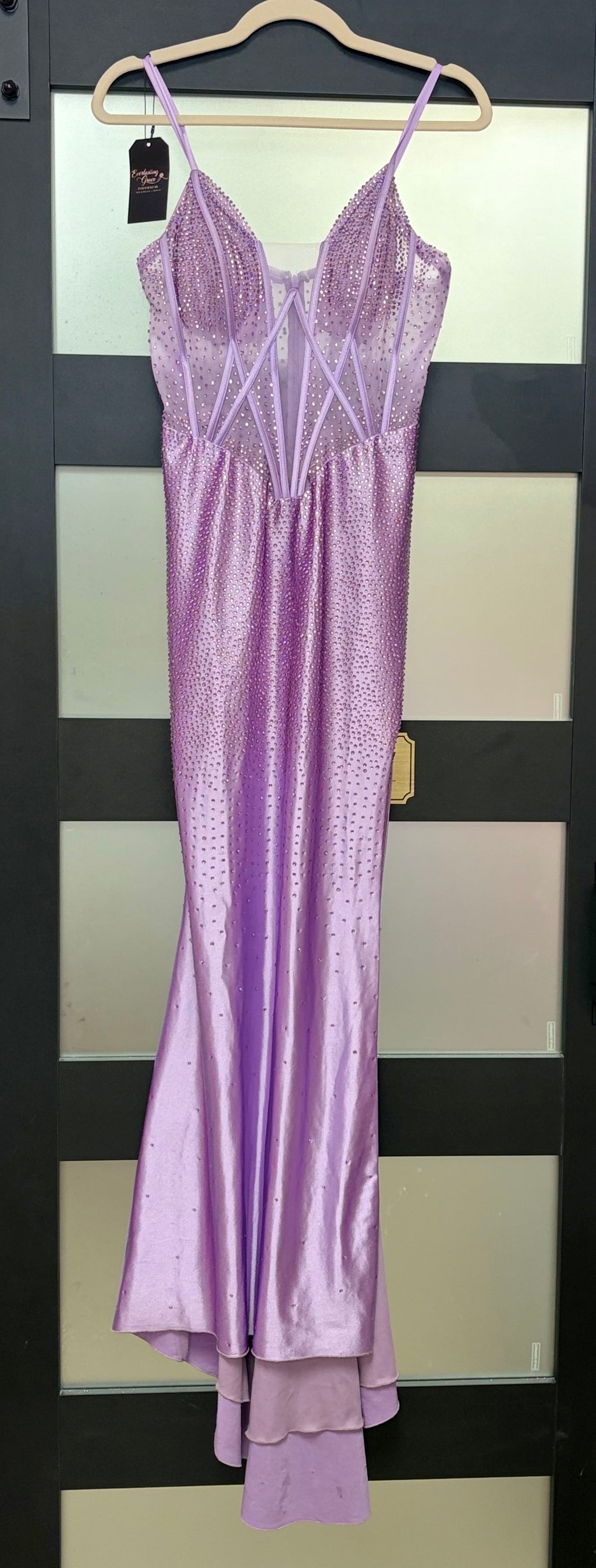LaDivine Lilac Satin Rhinestone Mermaid Gown with Sheer Corset Bodice