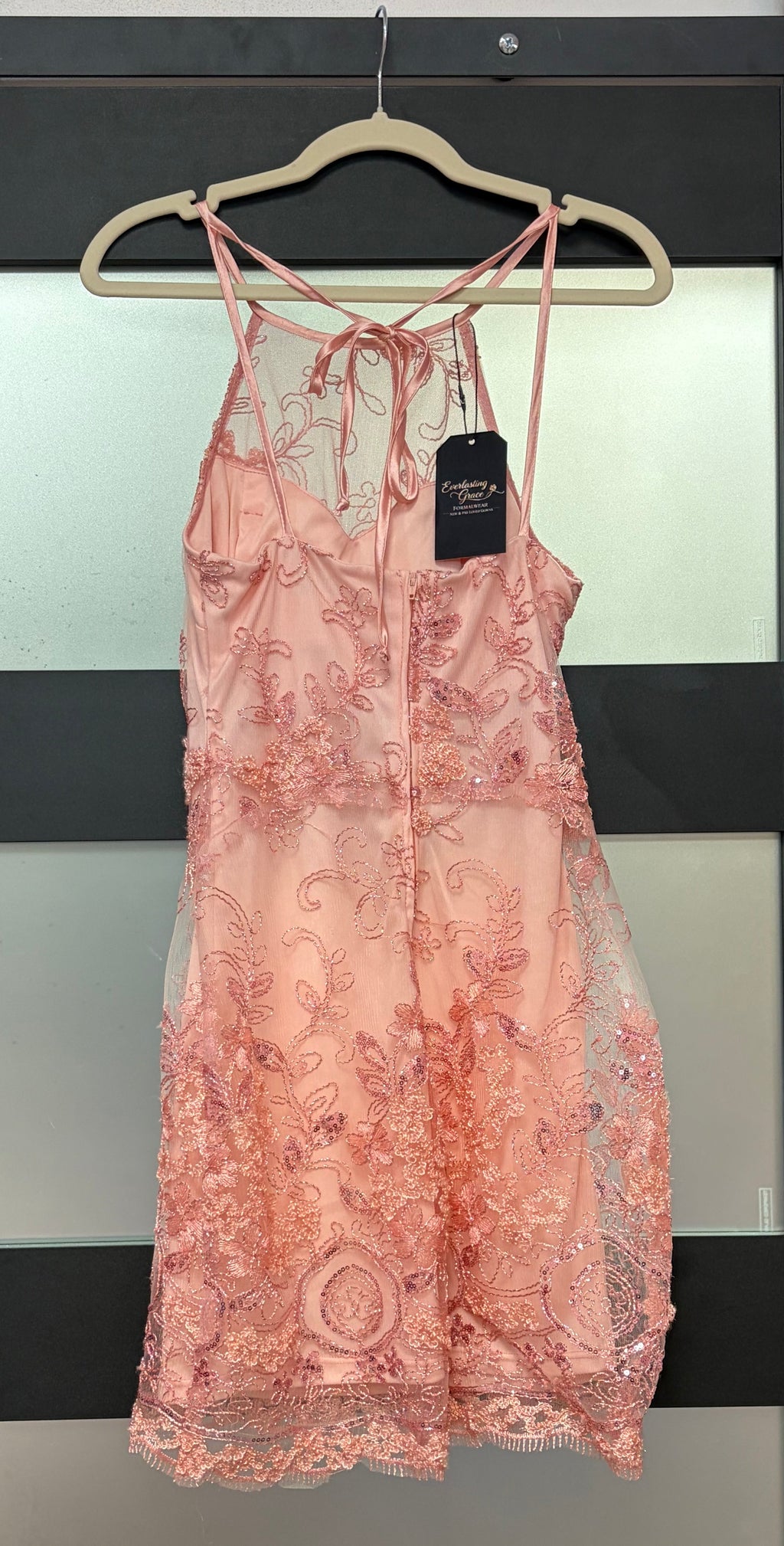 Teeze Me Blush Embroidered Sequin Halter Homecoming Dress with Illusion Neckline