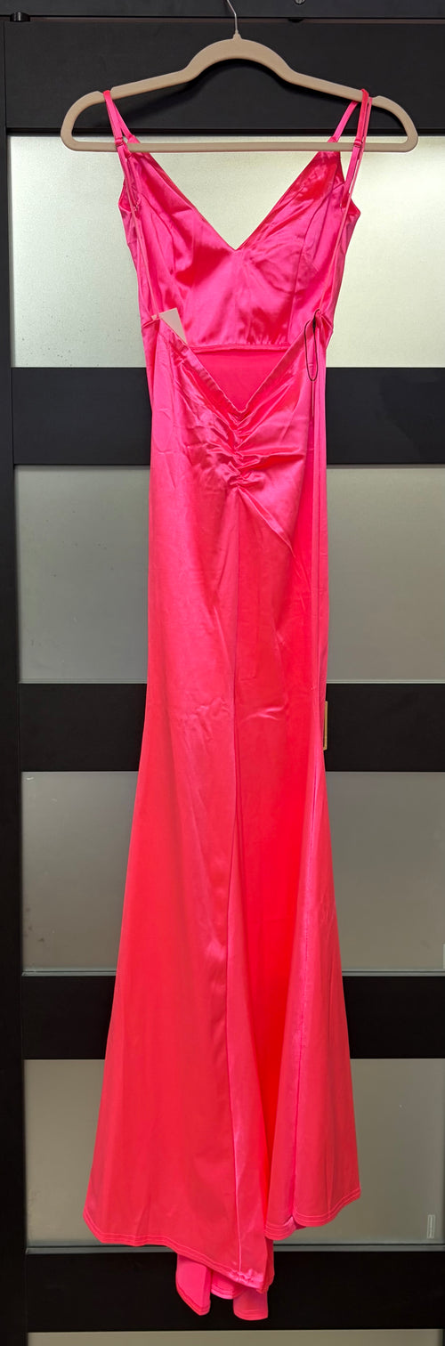 Amoris by Cinderella Divine SE016 Hot Pink Satin Cowl Neck Mermaid Formal Gown