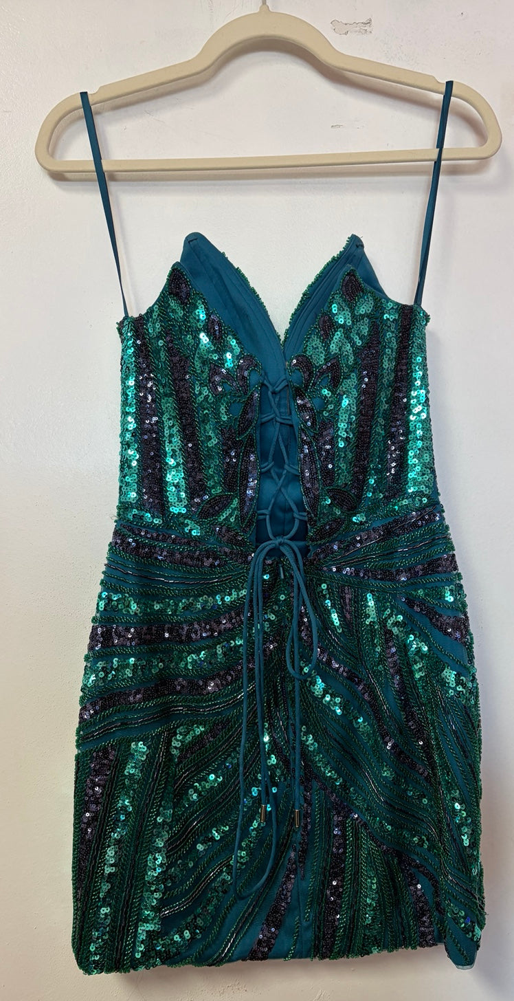 Kiss Prom Teal and Blue Sequin Strapless Dress