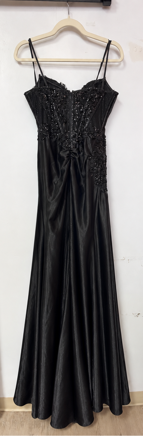 LaDivine Black Beaded Corset Satin Gown