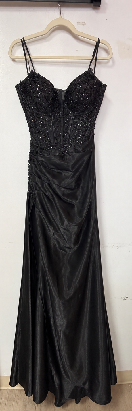 LaDivine Black Beaded Corset Satin Gown
