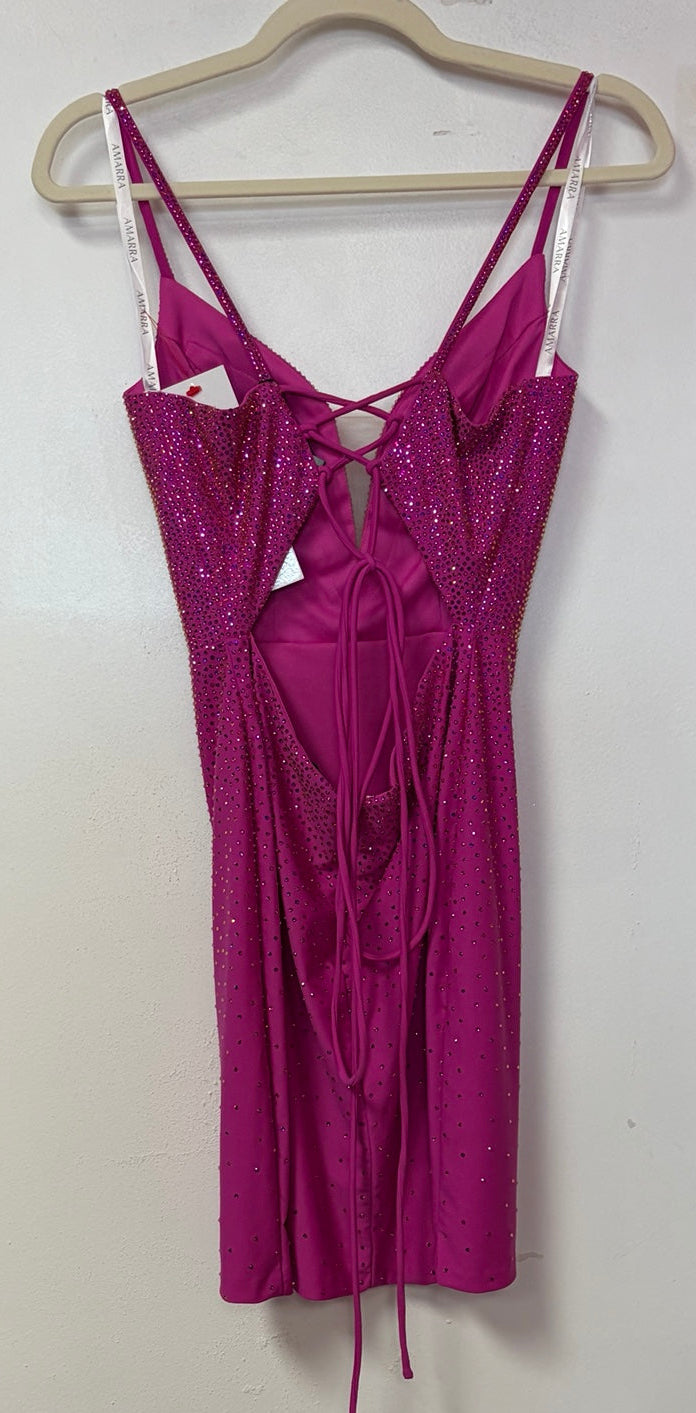 Amarra Fuchsia Rhinestone Lace-Up Homecoming Dress