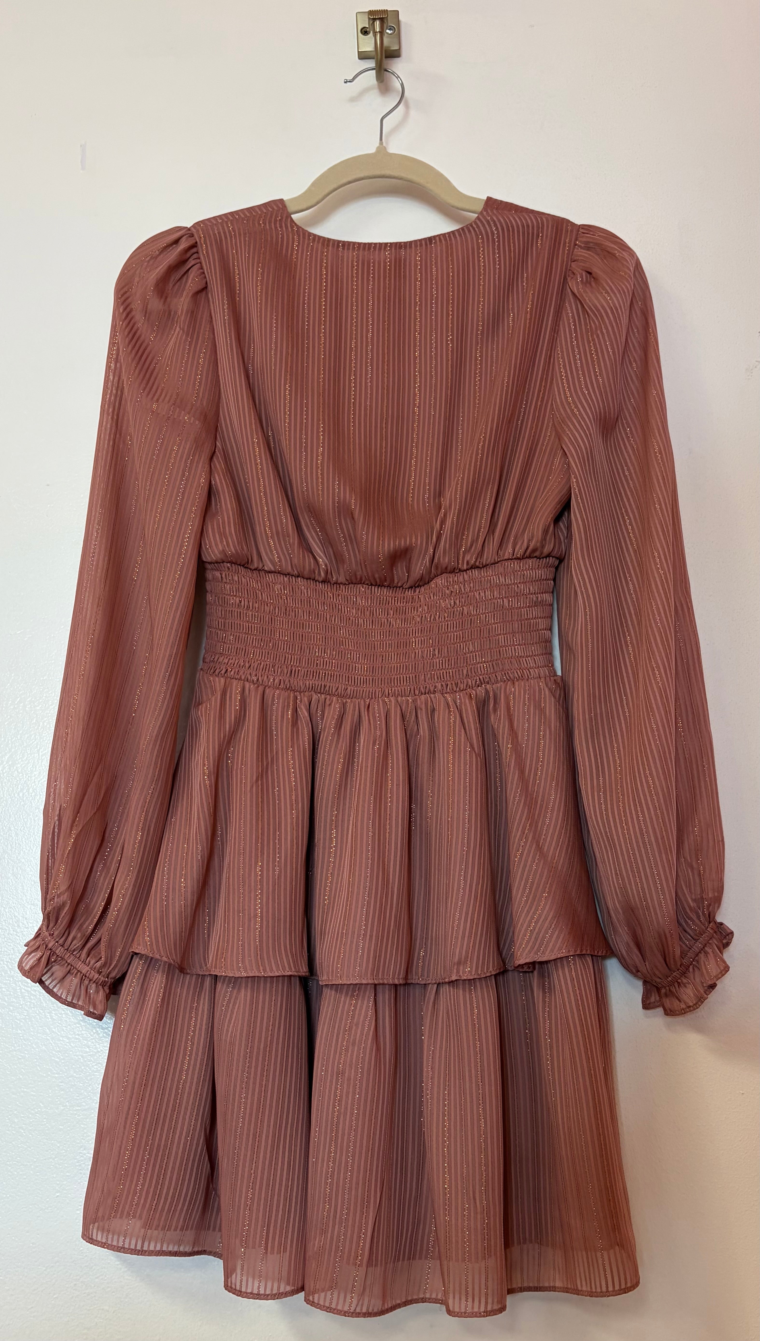 Altar’d State Mauve Shimmer Tiered Mini Dress with Smocked Waist and Long Sleeves