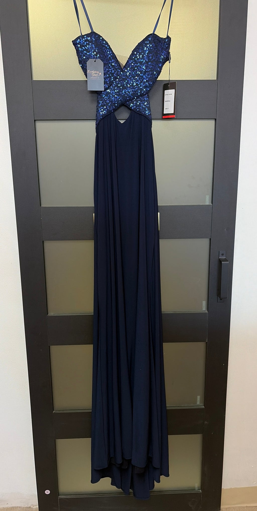La Femme 22150 Navy Strapless Jersey Prom Gown with Sequin Sweetheart Bodice