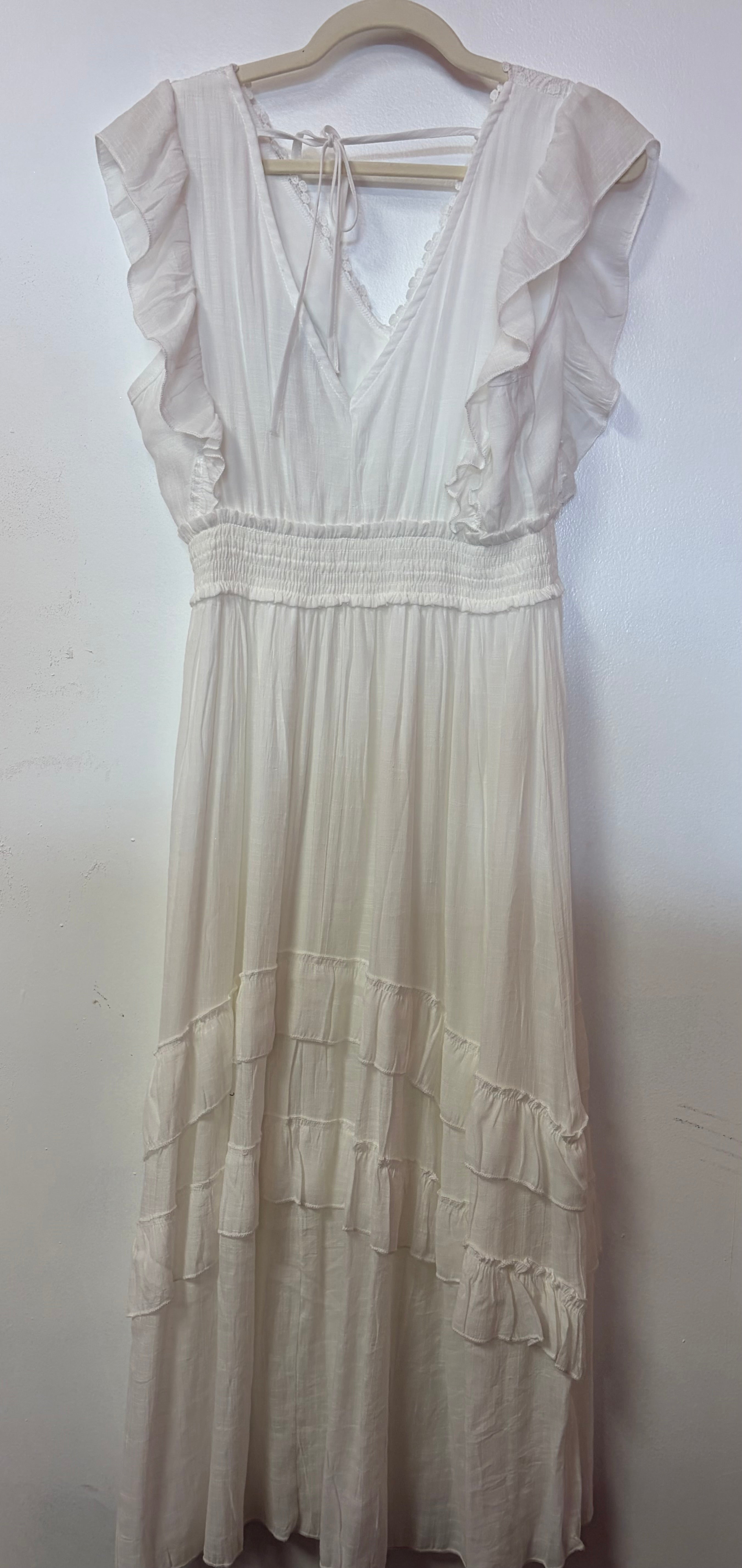 Ivory Boho Ruffle Sleeve Maxi Dress with Smocked Waist and Tiered Hem