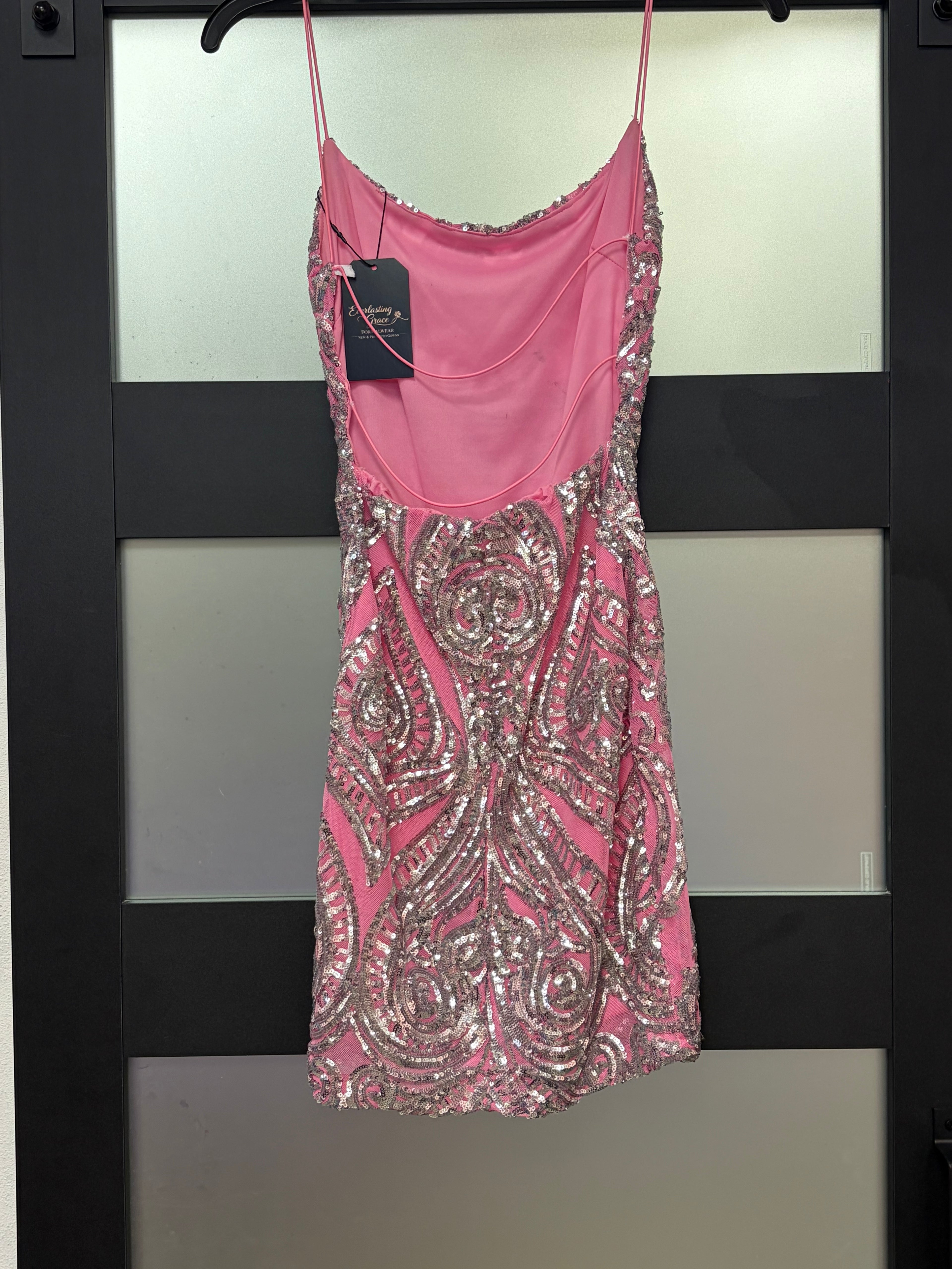B Darlin Hot Pink Sequin Scroll Homecoming Dress with Open Back