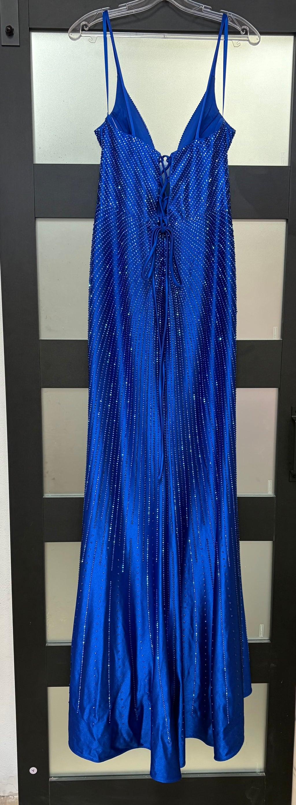 LaDivine by Cinderella Divine CB163 Royal Blue Satin Gown with Crystal Waterfall Detail by