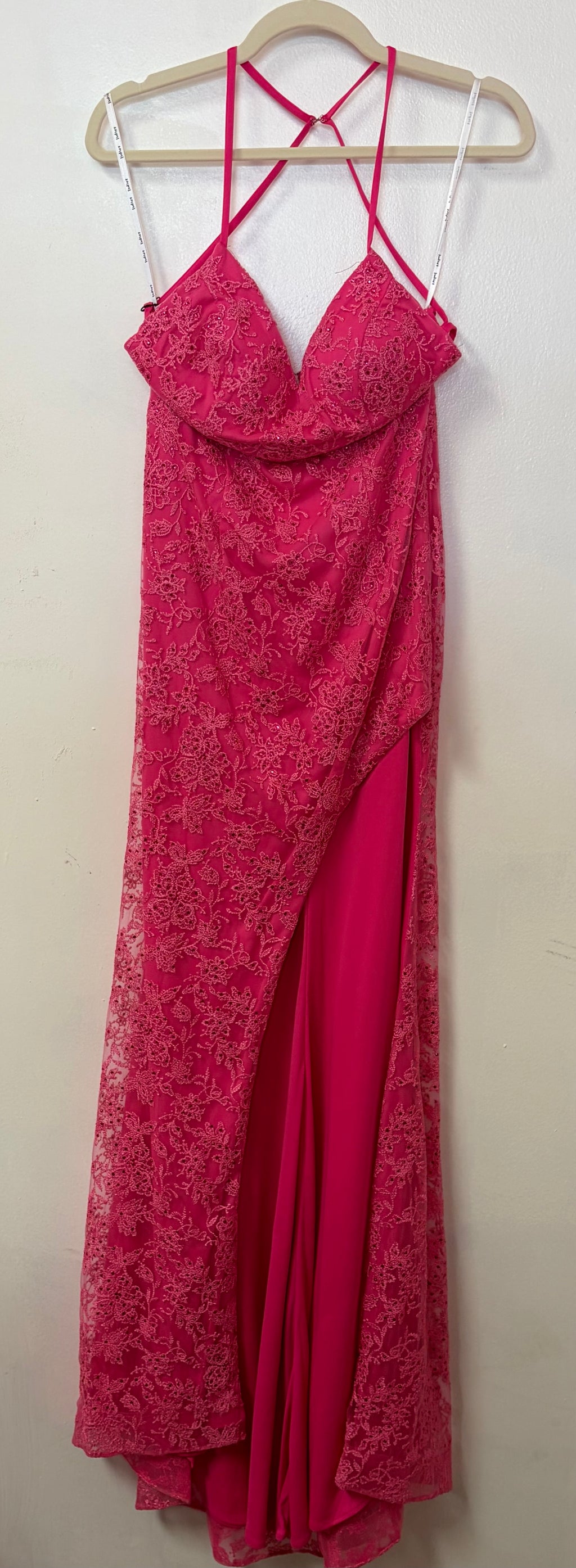 Juliet 266 Fuchsia Lace Overlay Prom Dress with Cowl Neck and Open Strappy Back
