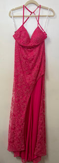 Juliet 266 Fuchsia Lace Overlay Prom Dress with Cowl Neck and Open Strappy Back