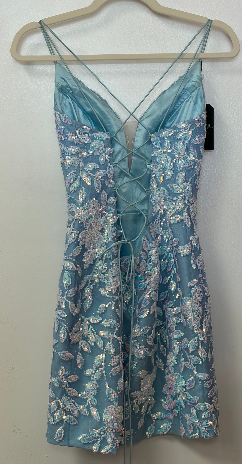 Amarra 87144 Light Blue Iridescent Sequin Homecoming Dress with Floral Embroidery and Lace-Up Back