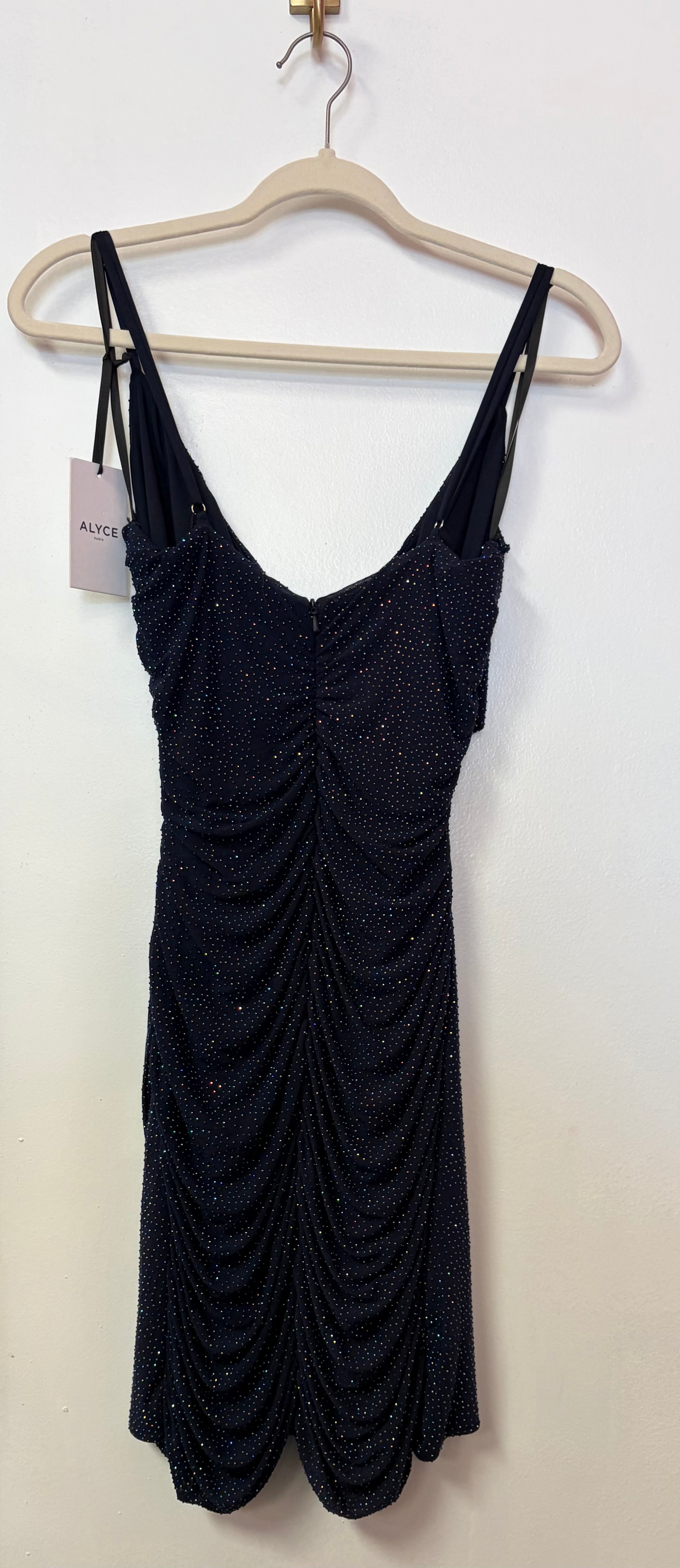 Alyce Paris 4576 Navy Rhinestone Homecoming Dress with Front Cutout and Draped Bodice